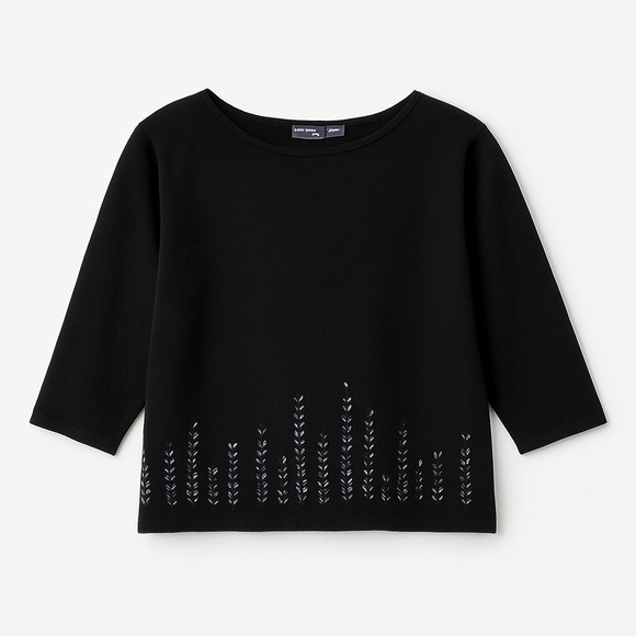 HILLARD & HANSON Black Beaded Hem Knit Sweater 3/4 Sleeve 90s Y2K Vintage L - Picture 1 of 10